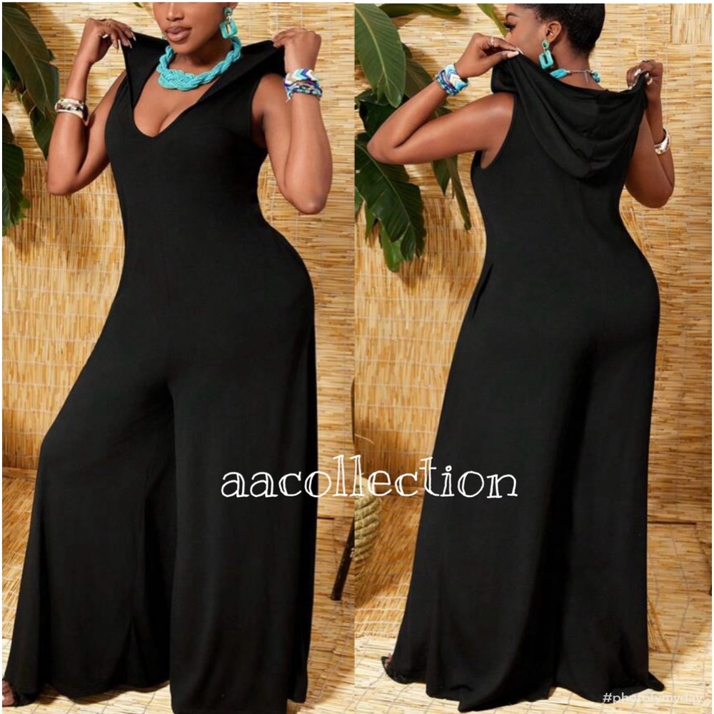 Boho Sleeveless Hooded Hood Wide Leg Palazzo Pants Jumpsuit Black - Picture 2 of 6